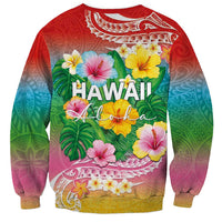 Hawaii Aloha Tropical Leaves and Flower Sweatshirt with Polynesian Art Tattoo Rainbow Color - Polynesian Pride