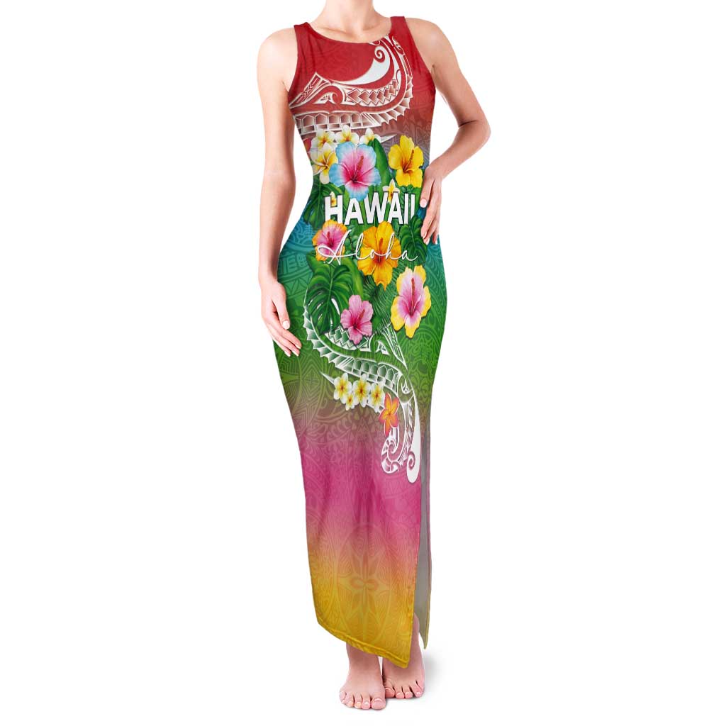 Hawaii Aloha Tropical Leaves and Flower Tank Maxi Dress with Polynesian Art Tattoo Rainbow Color - Polynesian Pride