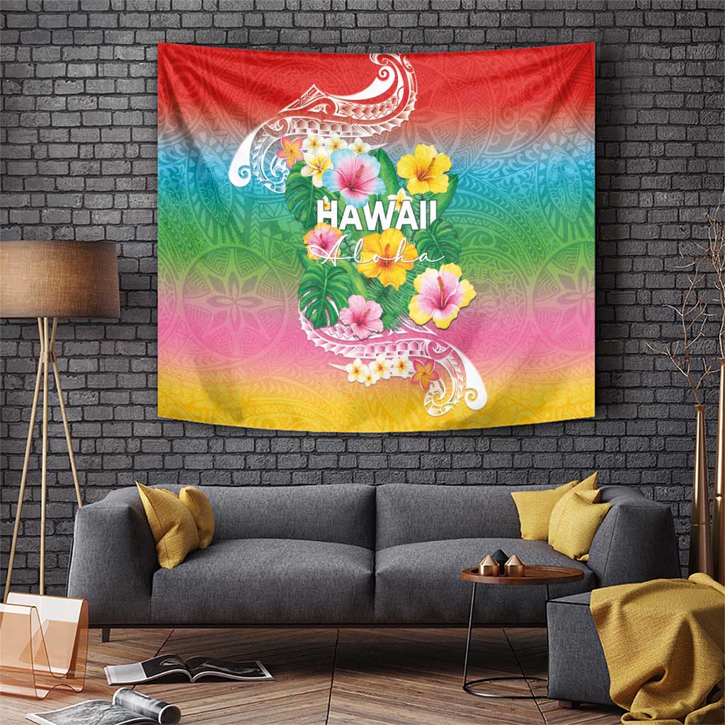 Hawaii Aloha Tropical Leaves and Flower Tapestry with Polynesian Art Tattoo Rainbow Color - Polynesian Pride