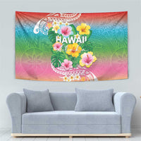 Hawaii Aloha Tropical Leaves and Flower Tapestry with Polynesian Art Tattoo Rainbow Color - Polynesian Pride