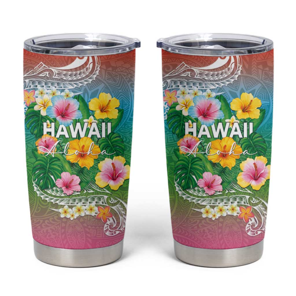 Hawaii Aloha Tropical Leaves and Flower Tumbler Cup with Polynesian Art Tattoo Rainbow Color - Polynesian Pride