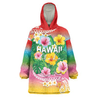 Hawaii Aloha Tropical Leaves and Flower Wearable Blanket Hoodie with Polynesian Art Tattoo Rainbow Color - Polynesian Pride