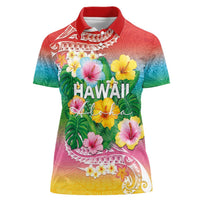 Hawaii Aloha Tropical Leaves and Flower Women Polo Shirt with Polynesian Art Tattoo Rainbow Color - Polynesian Pride