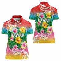 Hawaii Aloha Tropical Leaves and Flower Women Polo Shirt with Polynesian Art Tattoo Rainbow Color - Polynesian Pride