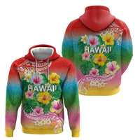 Hawaii Aloha Tropical Leaves and Flower Zip Hoodie with Polynesian Art Tattoo Rainbow Color - Polynesian Pride