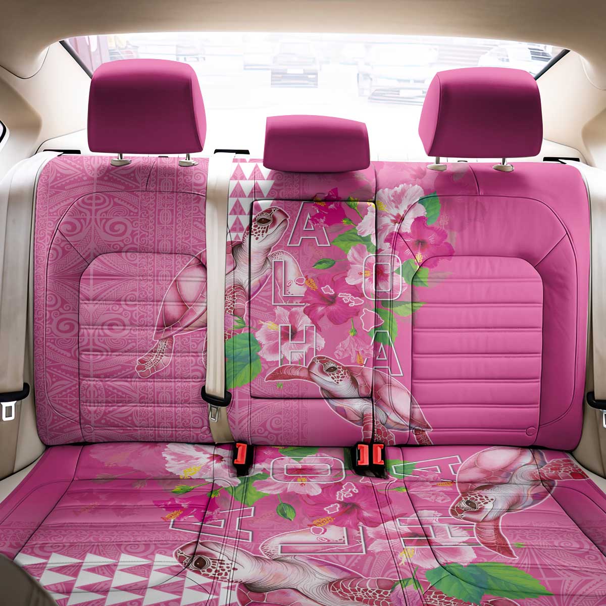 Hawaii Aloha Turtle Hibiscus and Leaves Back Car Seat Cover with Polynesian and Kakau Tattoos Rose Color - Polynesian Pride