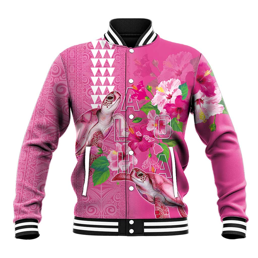 Hawaii Aloha Turtle Hibiscus and Leaves Baseball Jacket with Polynesian and Kakau Tattoos Rose Color - Polynesian Pride