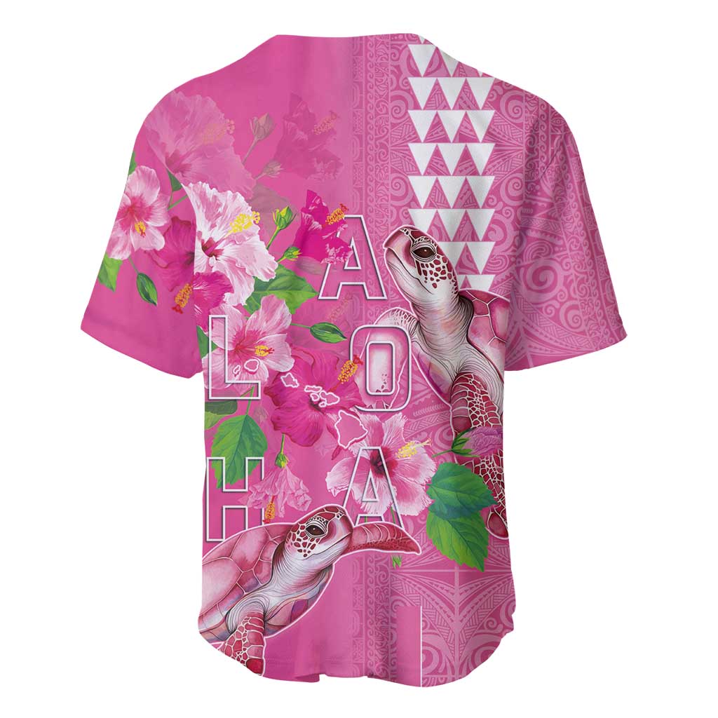 Hawaii Aloha Turtle Hibiscus and Leaves Baseball Jersey with Polynesian and Kakau Tattoos Rose Color LT03 - Polynesian Pride