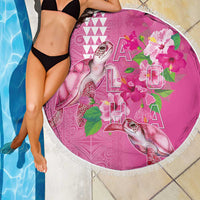 Hawaii Aloha Turtle Hibiscus and Leaves Beach Blanket with Polynesian and Kakau Tattoos Rose Color - Polynesian Pride
