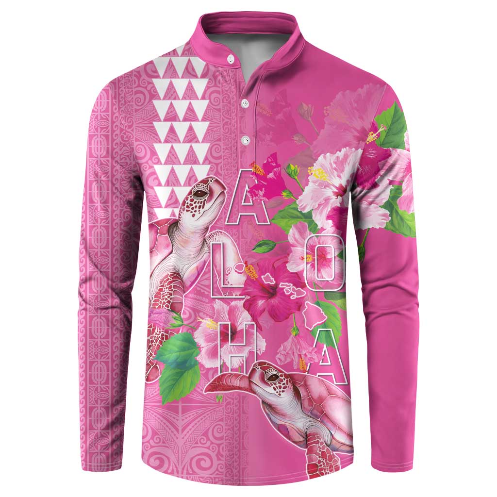 Hawaii Aloha Turtle Hibiscus and Leaves Button Sweatshirt with Polynesian and Kakau Tattoos Rose Color - Polynesian Pride