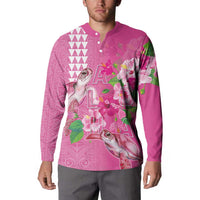 Hawaii Aloha Turtle Hibiscus and Leaves Button Sweatshirt with Polynesian and Kakau Tattoos Rose Color - Polynesian Pride