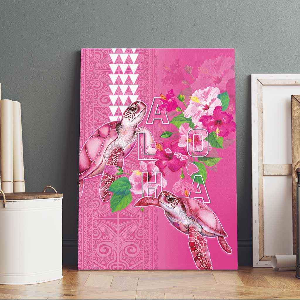 Hawaii Aloha Turtle Hibiscus and Leaves Canvas Wall Art with Polynesian and Kakau Tattoos Rose Color - Polynesian Pride
