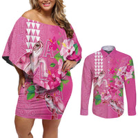 Hawaii Aloha Turtle Hibiscus and Leaves Couples Matching Off Shoulder Short Dress and Long Sleeve Button Shirt with Polynesian and Kakau Tattoos Rose Color - Polynesian Pride