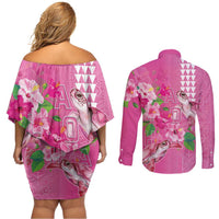 Hawaii Aloha Turtle Hibiscus and Leaves Couples Matching Off Shoulder Short Dress and Long Sleeve Button Shirt with Polynesian and Kakau Tattoos Rose Color - Polynesian Pride