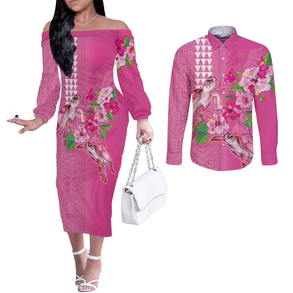 Hawaii Aloha Turtle Hibiscus and Leaves Couples Matching Off The Shoulder Long Sleeve Dress and Long Sleeve Button Shirt with Polynesian and Kakau Tattoos Rose Color - Polynesian Pride