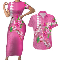Hawaii Aloha Turtle Hibiscus and Leaves Couples Matching Short Sleeve Bodycon Dress and Hawaiian Shirt with Polynesian and Kakau Tattoos Rose Color - Polynesian Pride