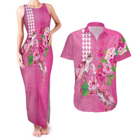 Hawaii Aloha Turtle Hibiscus and Leaves Couples Matching Tank Maxi Dress and Hawaiian Shirt with Polynesian and Kakau Tattoos Rose Color - Polynesian Pride