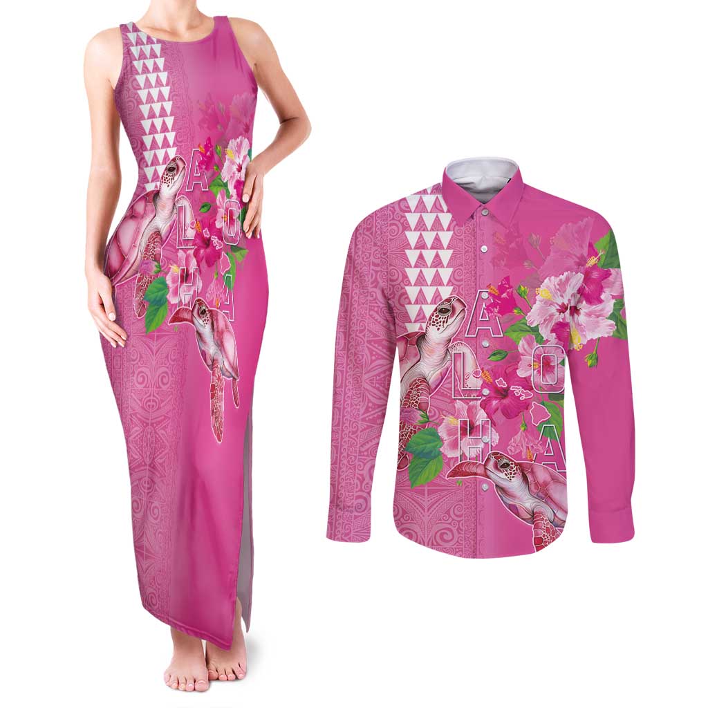 Hawaii Aloha Turtle Hibiscus and Leaves Couples Matching Tank Maxi Dress and Long Sleeve Button Shirt with Polynesian and Kakau Tattoos Rose Color - Polynesian Pride