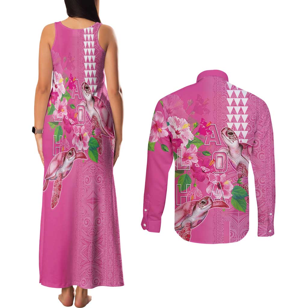 Hawaii Aloha Turtle Hibiscus and Leaves Couples Matching Tank Maxi Dress and Long Sleeve Button Shirt with Polynesian and Kakau Tattoos Rose Color - Polynesian Pride