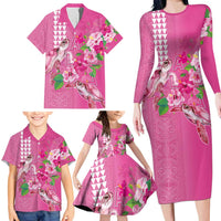 Hawaii Aloha Turtle Hibiscus and Leaves Family Matching Long Sleeve Bodycon Dress and Hawaiian Shirt with Polynesian and Kakau Tattoos Rose Color - Polynesian Pride