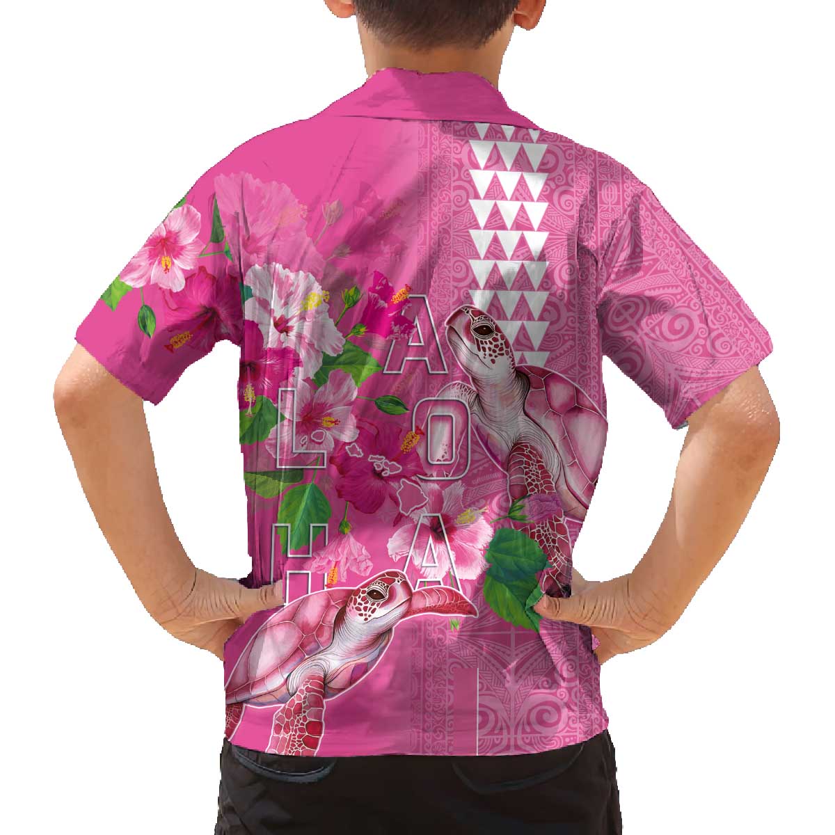 Hawaii Aloha Turtle Hibiscus and Leaves Family Matching Off The Shoulder Long Sleeve Dress and Hawaiian Shirt with Polynesian and Kakau Tattoos Rose Color - Polynesian Pride