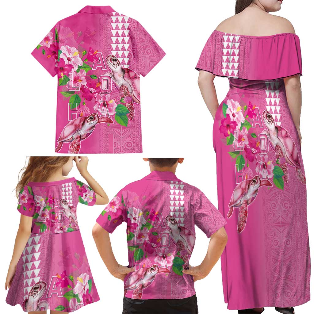 Hawaii Aloha Turtle Hibiscus and Leaves Family Matching Off Shoulder Maxi Dress and Hawaiian Shirt with Polynesian and Kakau Tattoos Rose Color - Polynesian Pride