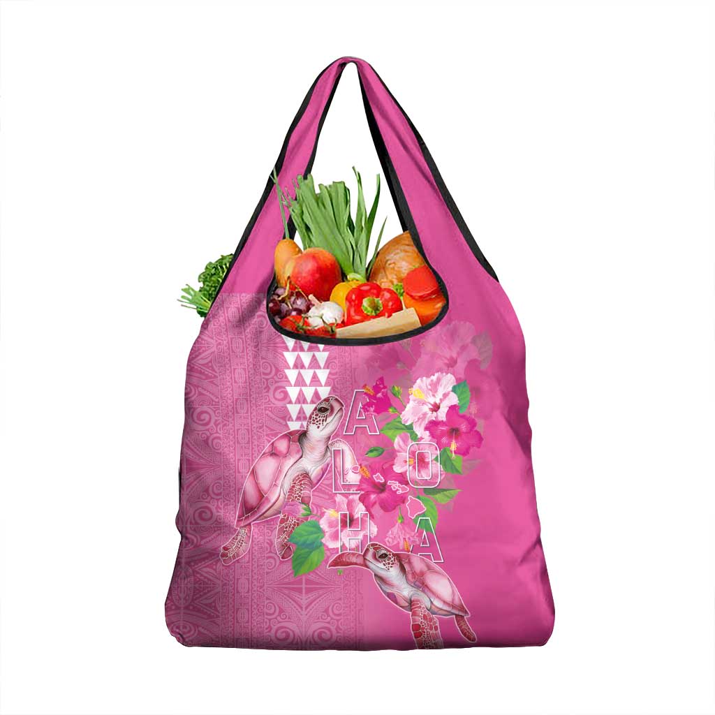 Hawaii Aloha Turtle Hibiscus and Leaves Grocery Bag with Polynesian and Kakau Tattoos Rose Color - Polynesian Pride