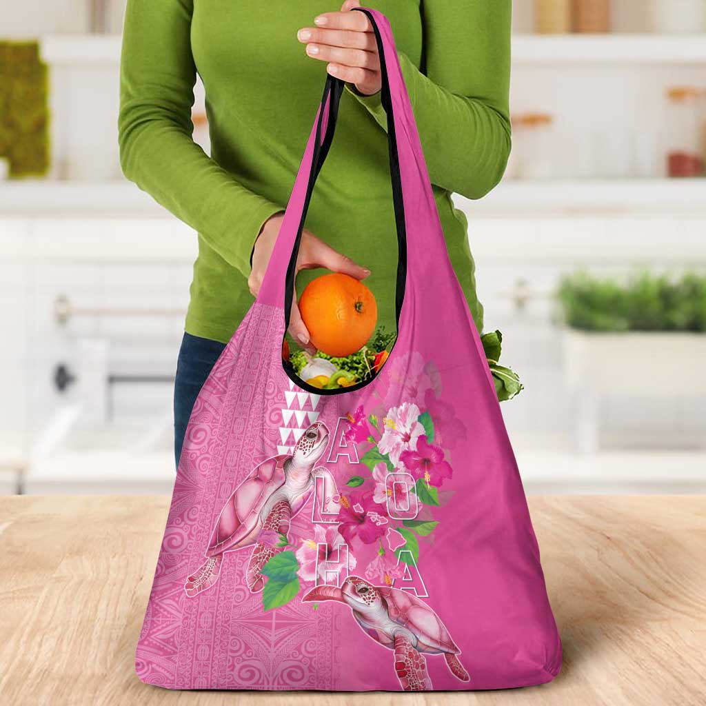 Hawaii Aloha Turtle Hibiscus and Leaves Grocery Bag with Polynesian and Kakau Tattoos Rose Color - Polynesian Pride