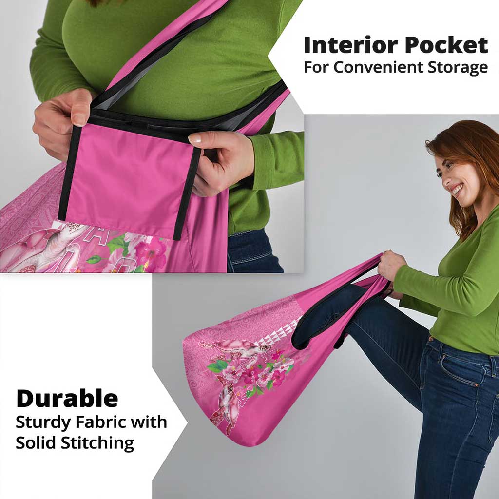 Hawaii Aloha Turtle Hibiscus and Leaves Grocery Bag with Polynesian and Kakau Tattoos Rose Color - Polynesian Pride