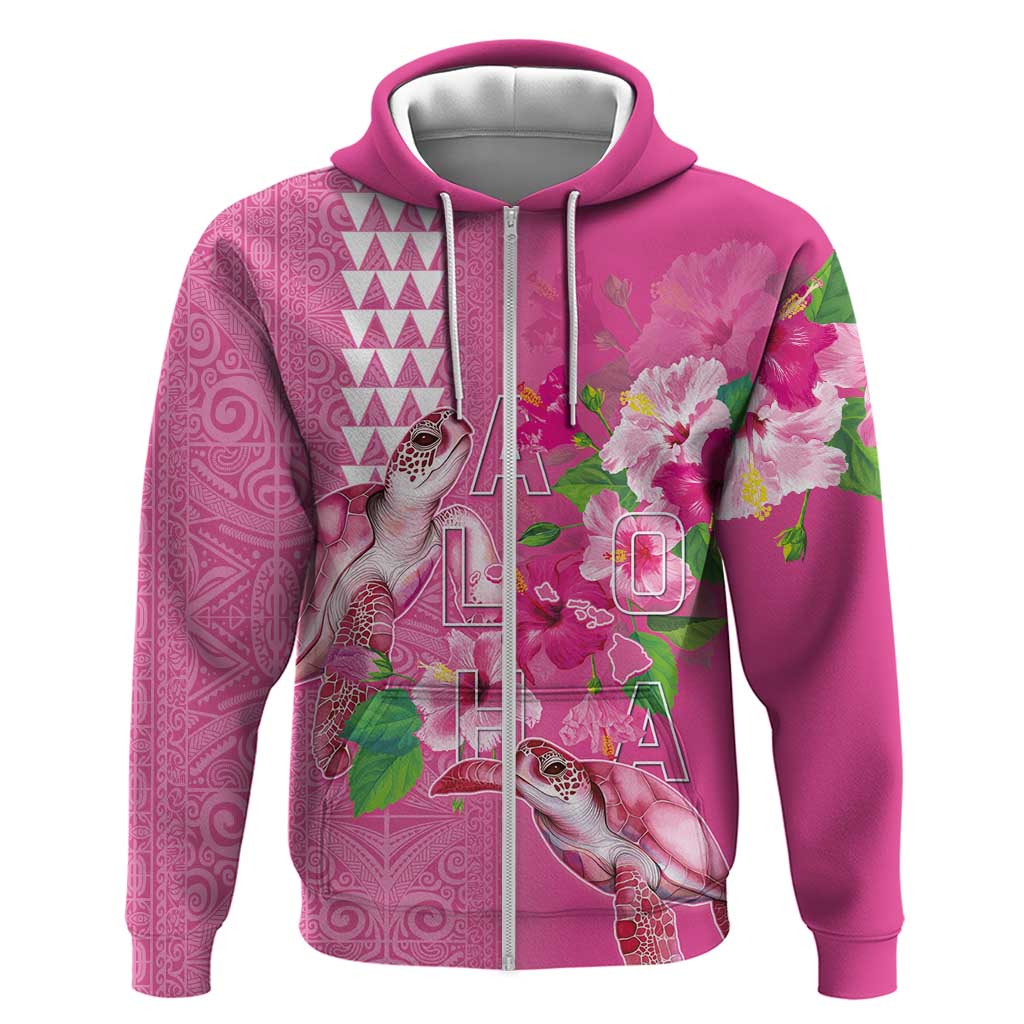 Hawaii Aloha Turtle Hibiscus and Leaves Hoodie with Polynesian and Kakau Tattoos Rose Color - Polynesian Pride