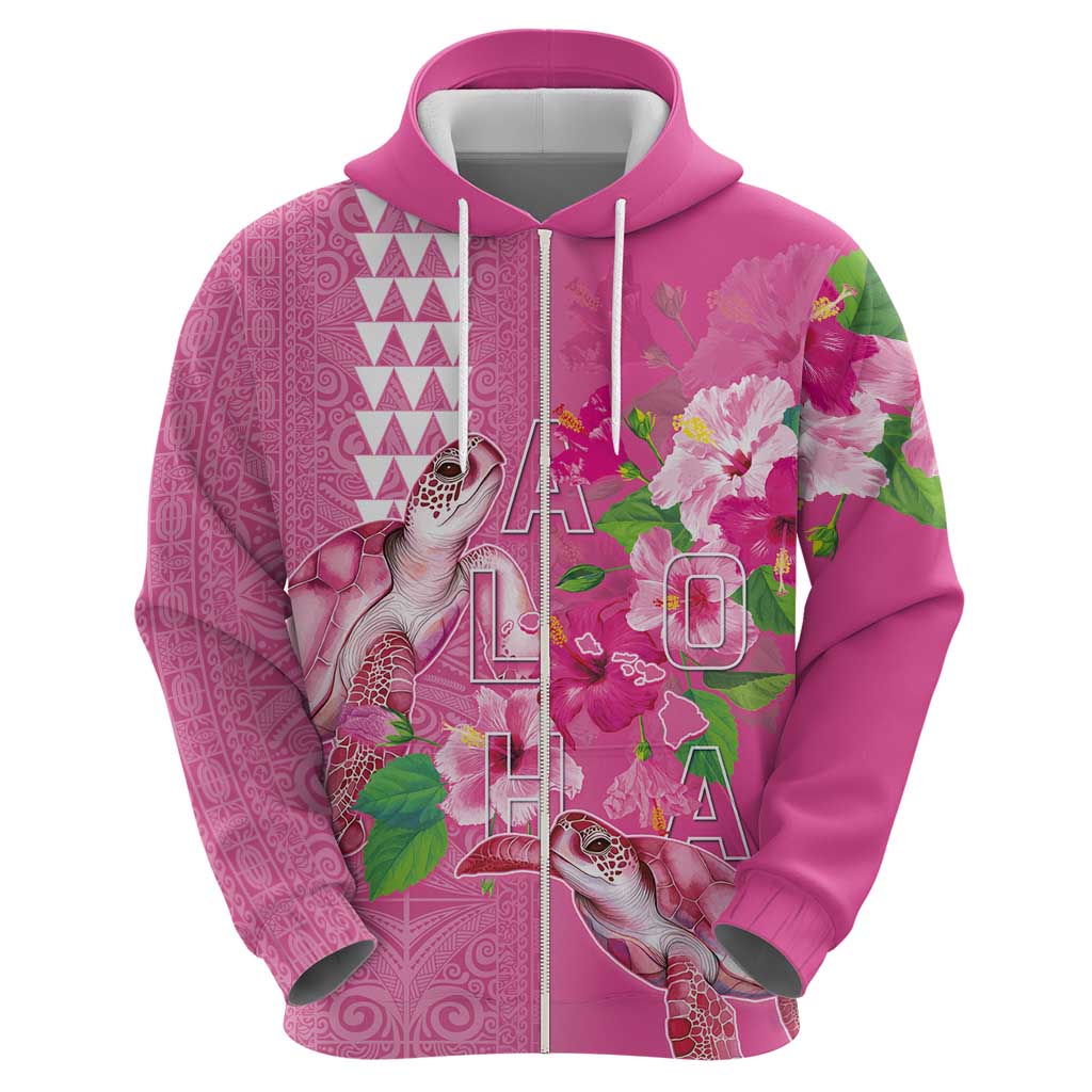 Hawaii Aloha Turtle Hibiscus and Leaves Hoodie with Polynesian and Kakau Tattoos Rose Color - Polynesian Pride