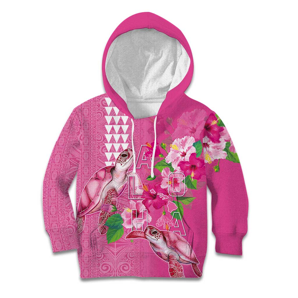Hawaii Aloha Turtle Hibiscus and Leaves Kid Hoodie with Polynesian and Kakau Tattoos Rose Color - Polynesian Pride