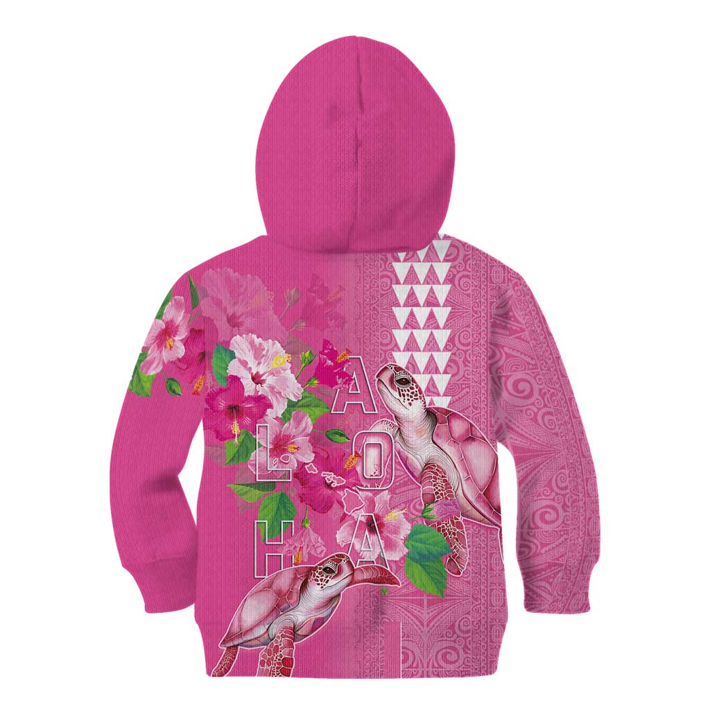 Hawaii Aloha Turtle Hibiscus and Leaves Kid Hoodie with Polynesian and Kakau Tattoos Rose Color - Polynesian Pride