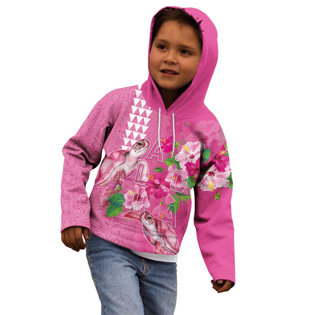 Hawaii Aloha Turtle Hibiscus and Leaves Kid Hoodie with Polynesian and Kakau Tattoos Rose Color - Polynesian Pride