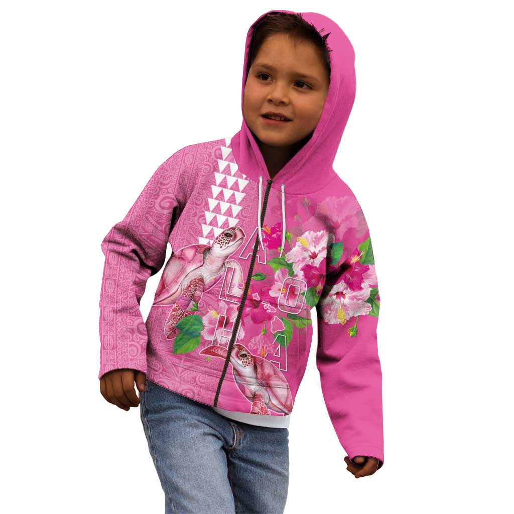 Hawaii Aloha Turtle Hibiscus and Leaves Kid Hoodie with Polynesian and Kakau Tattoos Rose Color - Polynesian Pride