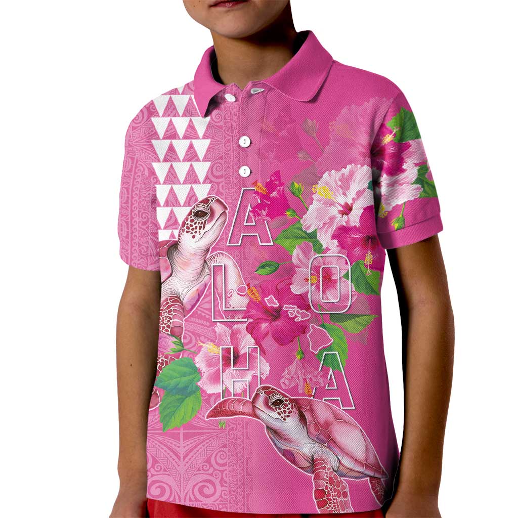 Hawaii Aloha Turtle Hibiscus and Leaves Kid Polo Shirt with Polynesian and Kakau Tattoos Rose Color - Polynesian Pride