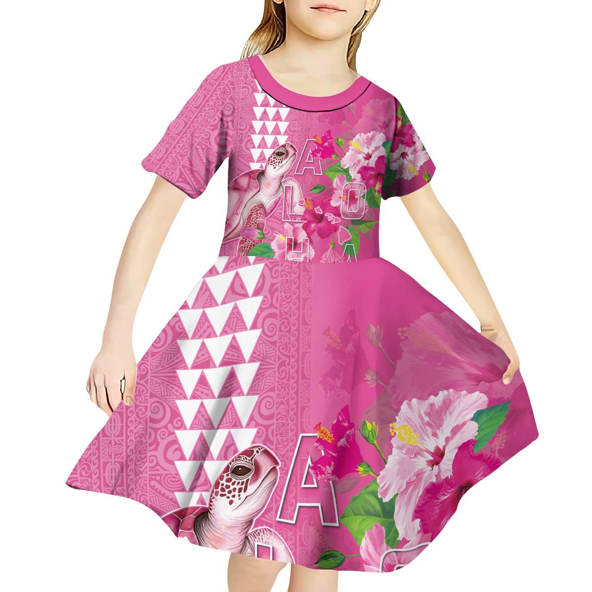 Hawaii Aloha Turtle Hibiscus and Leaves Kid Short Sleeve Dress with Polynesian and Kakau Tattoos Rose Color - Polynesian Pride