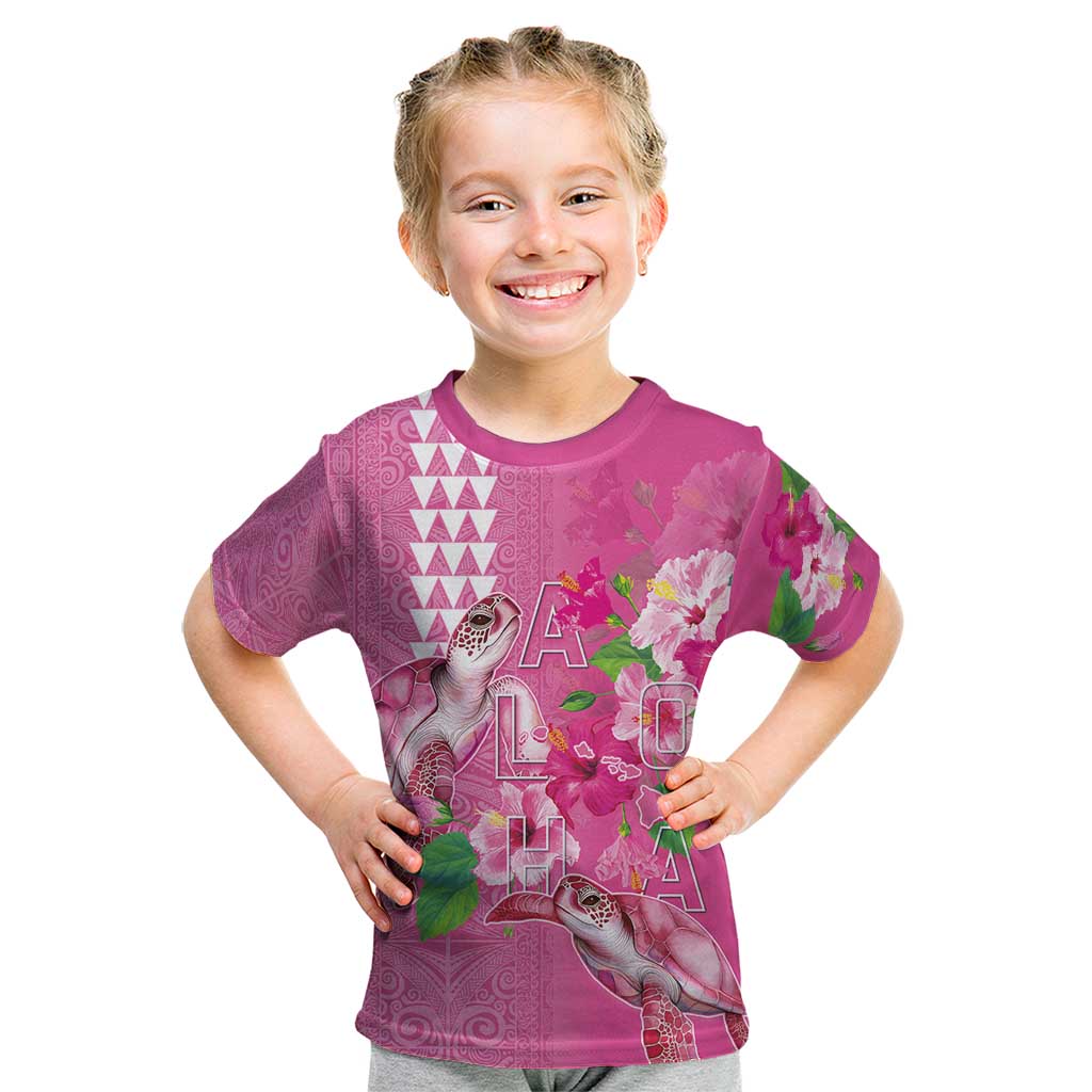 Hawaii Aloha Turtle Hibiscus and Leaves Kid T Shirt with Polynesian and Kakau Tattoos Rose Color - Polynesian Pride