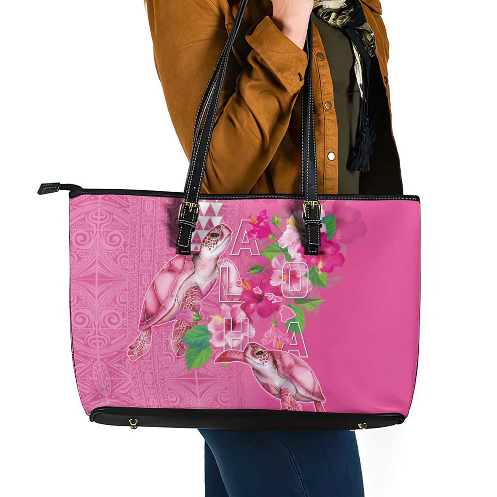 Hawaii Aloha Turtle Hibiscus and Leaves Leather Tote Bag with Polynesian and Kakau Tattoos Rose Color - Polynesian Pride