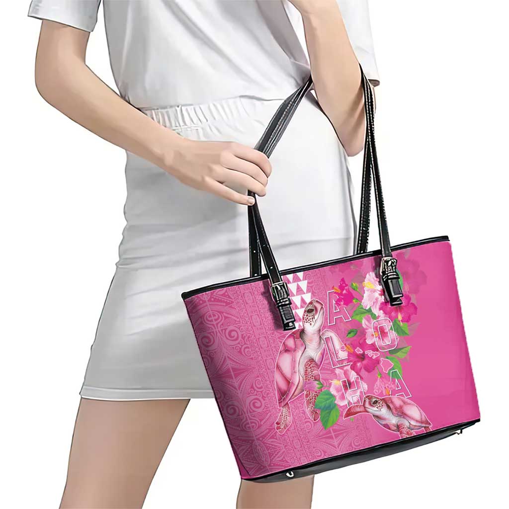Hawaii Aloha Turtle Hibiscus and Leaves Leather Tote Bag with Polynesian and Kakau Tattoos Rose Color - Polynesian Pride