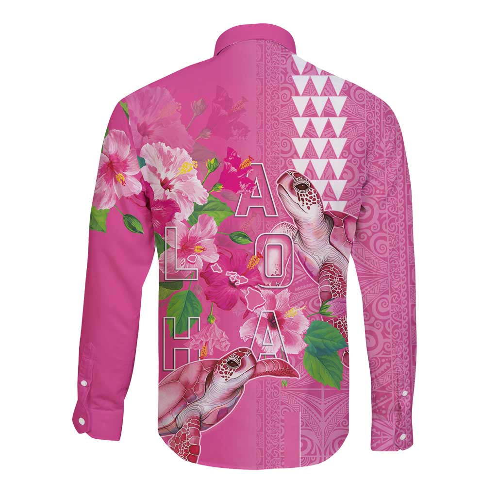 Hawaii Aloha Turtle Hibiscus and Leaves Long Sleeve Button Shirt with Polynesian and Kakau Tattoos Rose Color - Polynesian Pride