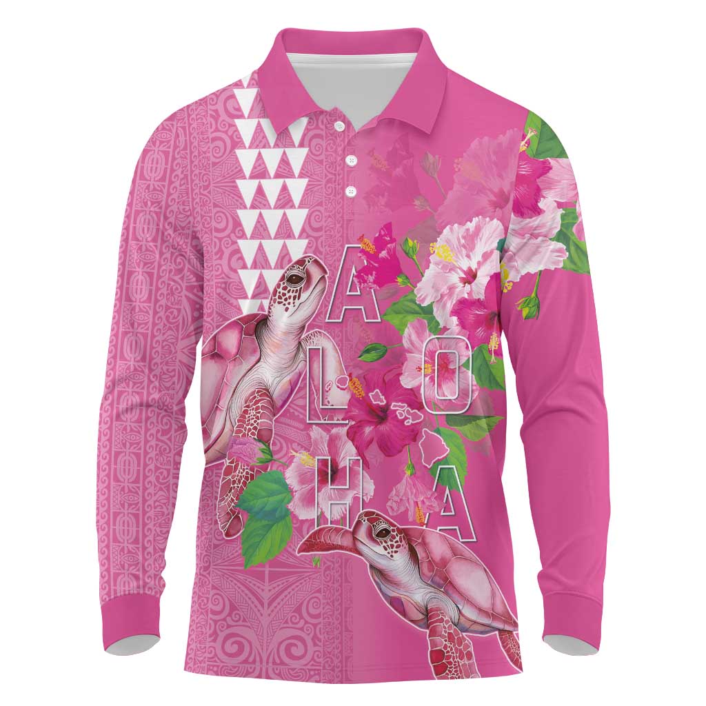 Hawaii Aloha Turtle Hibiscus and Leaves Long Sleeve Polo Shirt with Polynesian and Kakau Tattoos Rose Color - Polynesian Pride