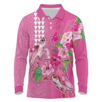 Hawaii Aloha Turtle Hibiscus and Leaves Long Sleeve Polo Shirt with Polynesian and Kakau Tattoos Rose Color - Polynesian Pride