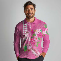 Hawaii Aloha Turtle Hibiscus and Leaves Long Sleeve Polo Shirt with Polynesian and Kakau Tattoos Rose Color - Polynesian Pride