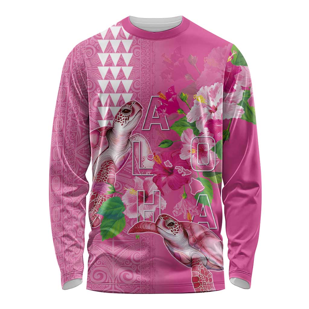 Hawaii Aloha Turtle Hibiscus and Leaves Long Sleeve Shirt with Polynesian and Kakau Tattoos Rose Color - Polynesian Pride