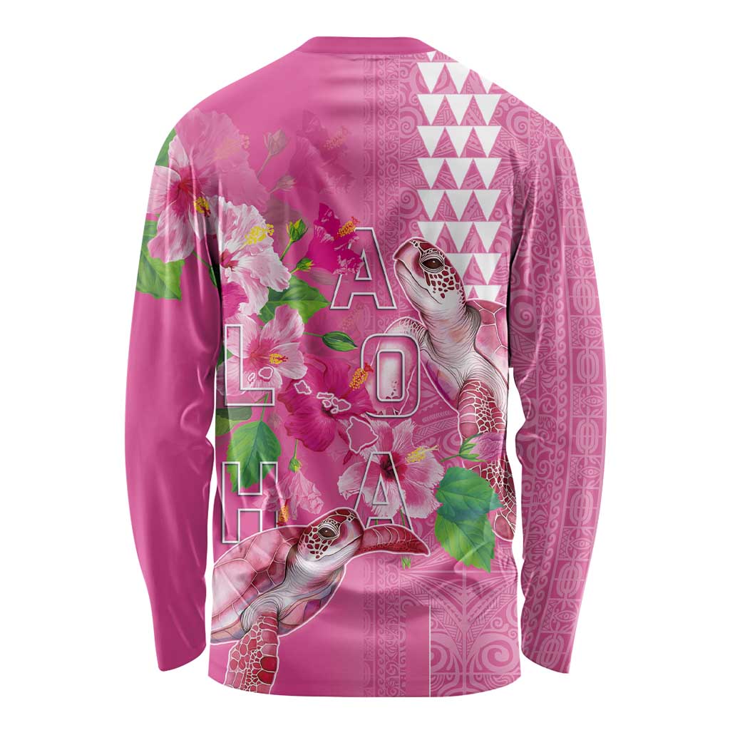 Hawaii Aloha Turtle Hibiscus and Leaves Long Sleeve Shirt with Polynesian and Kakau Tattoos Rose Color - Polynesian Pride
