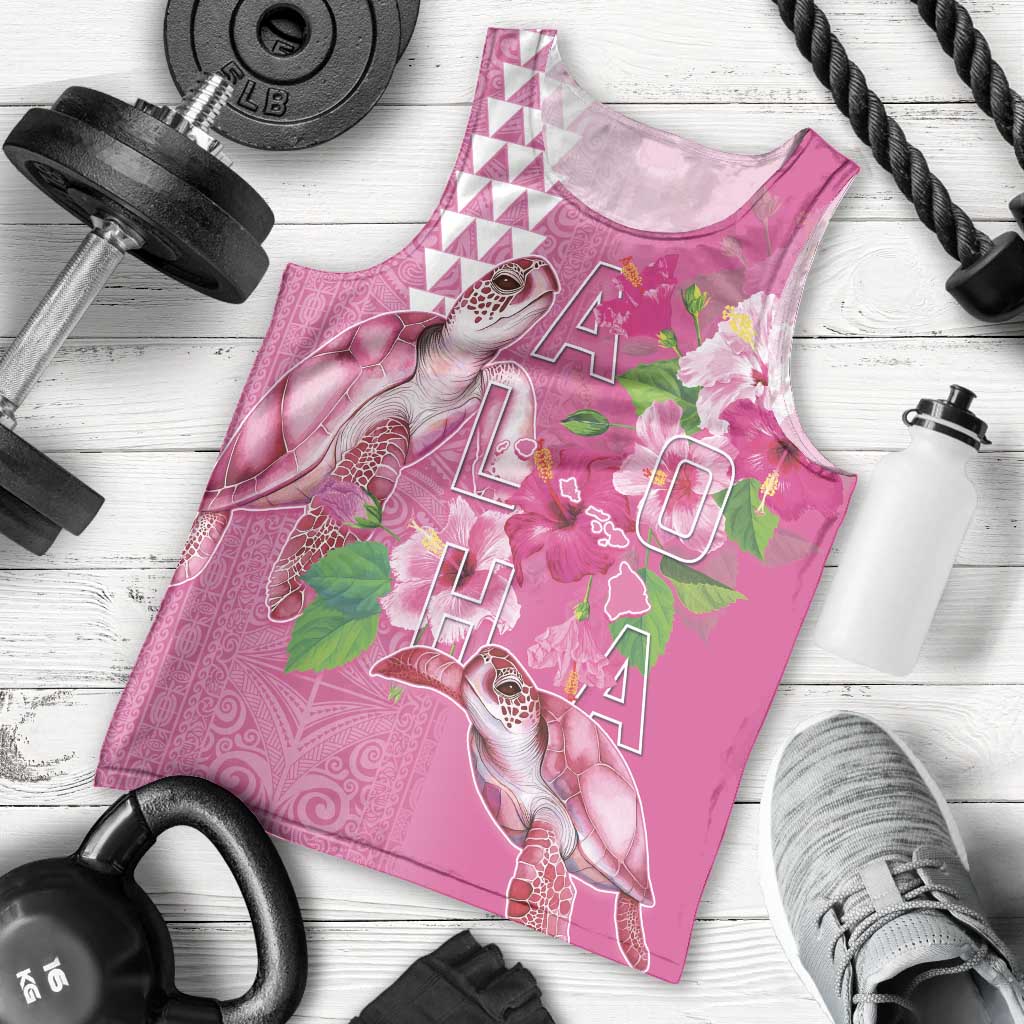 Hawaii Aloha Turtle Hibiscus and Leaves Men Tank Top with Polynesian and Kakau Tattoos Rose Color LT03 - Polynesian Pride