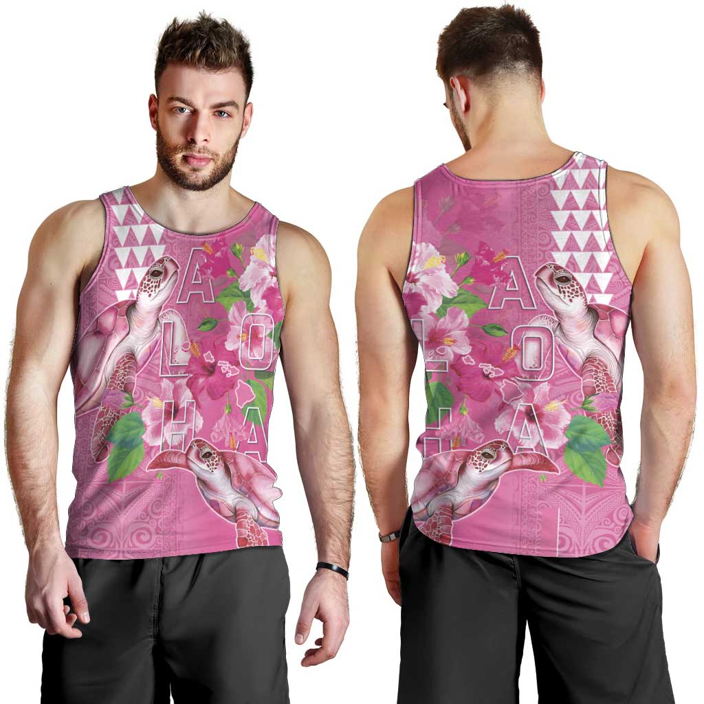 Hawaii Aloha Turtle Hibiscus and Leaves Men Tank Top with Polynesian and Kakau Tattoos Rose Color LT03 - Polynesian Pride