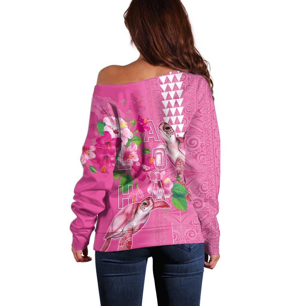 Hawaii Aloha Turtle Hibiscus and Leaves Off Shoulder Sweater with Polynesian and Kakau Tattoos Rose Color - Polynesian Pride