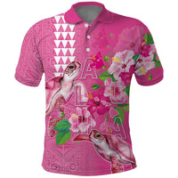 Hawaii Aloha Turtle Hibiscus and Leaves Polo Shirt with Polynesian and Kakau Tattoos Rose Color - Polynesian Pride